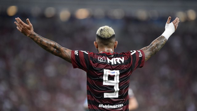 Gabigol, do Flamengo, comemora gol contra o Bahia