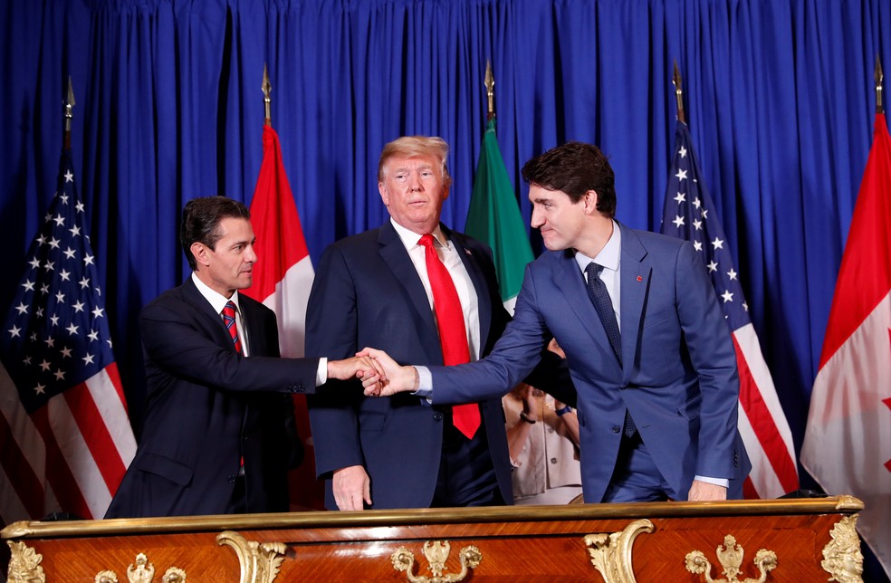 No G20, EUA, CanadÃ¡ e MÃ©xico oficializam acordo que substitui o Nafta  â€” Foto: Kevin Lamarque/Reuters