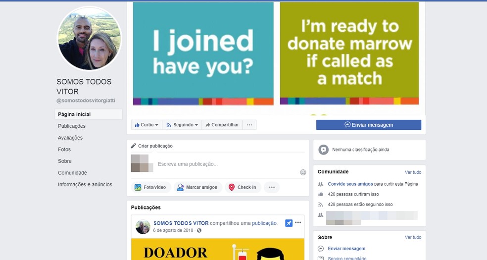 Amigos buscam doador de medula para Vitor nas redes sociais  — Foto: Reprodução/Facebook