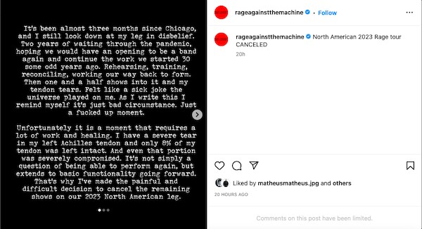 O comunicado do músico Zack de la Rocha anunciando o cancelamento da turnê do Rage Against the Machine (Foto: Instagram)