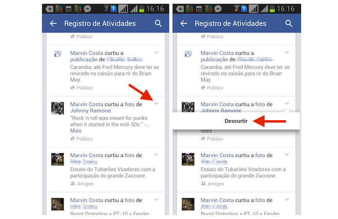 Descurtindo uma publicação do Facebook através do Registro de Atividades no Android (Foto: Reprodução/Marvin Costa)