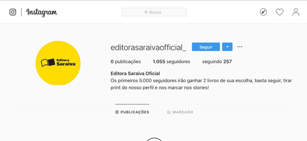 Perfis falsos usam o nome da Editora Saraiva, prometem livros e conseguem milhares de seguidores — Foto: Reprodução/Instagram