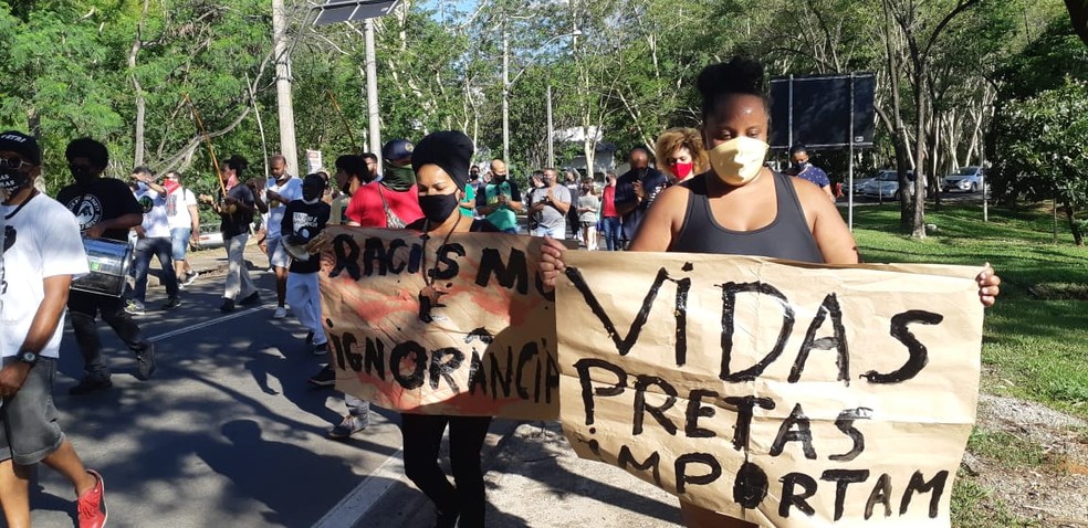 Manifestantes durante passeata até o Carrefour de Piracicaba — Foto: Júlia Silva