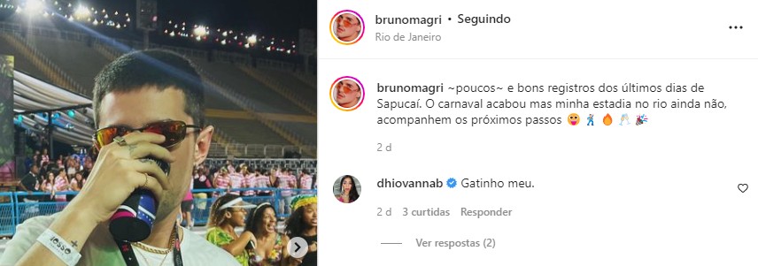 Bruno Magri recebe comentário de Dhiovanna Barbosa em post (Foto: Reprodução/Instagram)