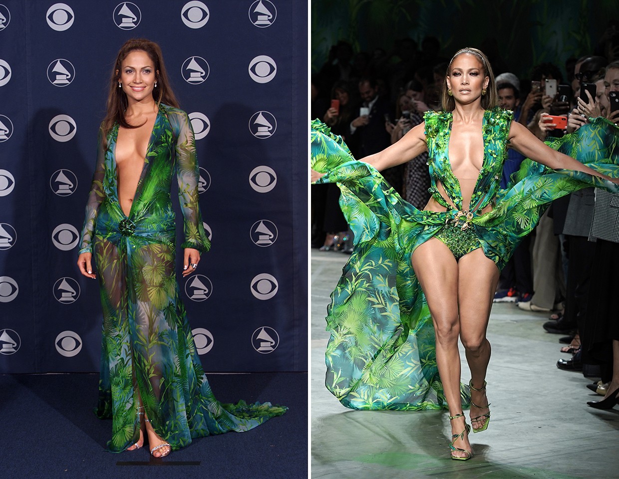 O antes e depois de Jennifer Lopez com o icônico vestido Versace (Foto: Getty Images)