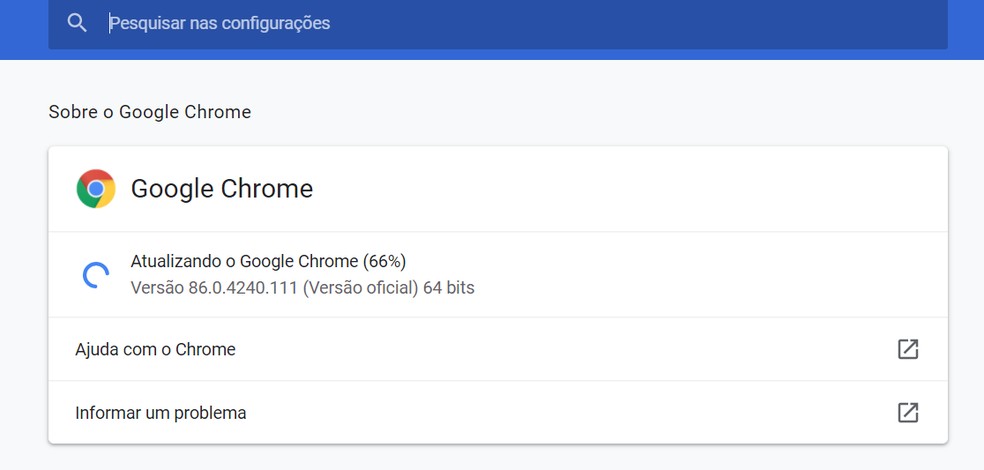 Tela de atualização do Google. — Foto: Reprodução