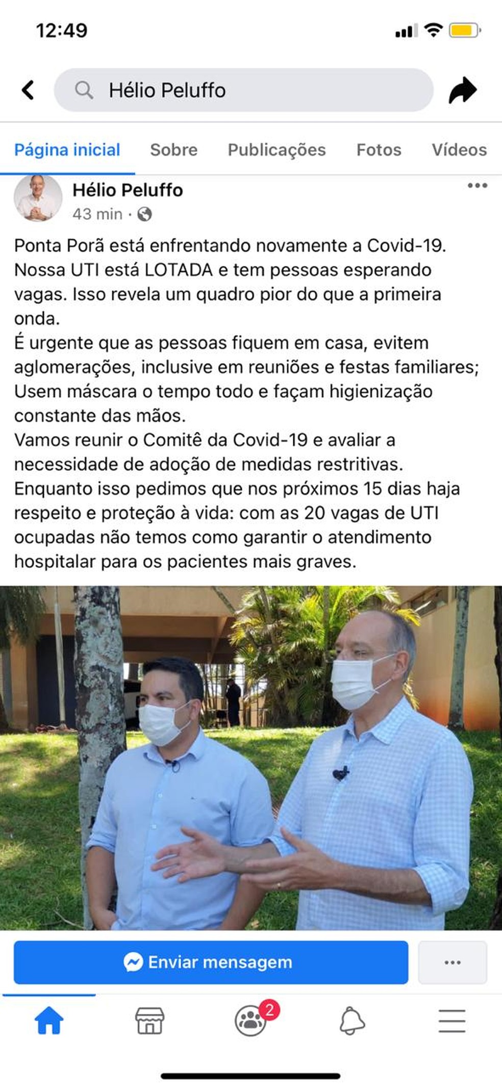 Post do prefeito Hélio Peluffo, de Ponta Porã, sobre avanço da doença no município — Foto: Reprodução/Redes Sociais