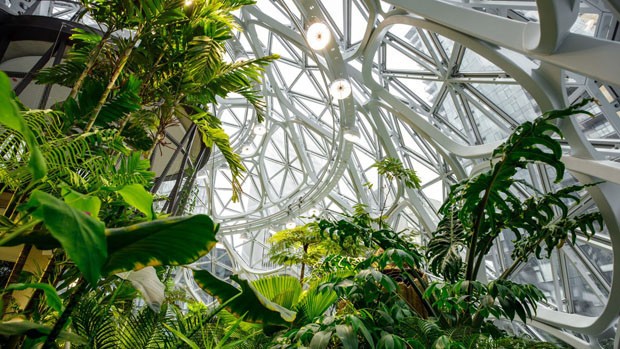Na sede da Amazon, cúpulas guardam jardins para funcionários descansarem (Foto: Divulgação)