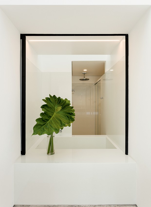Banheira de nanoglass, 1,60 x 1 m, com borda larga e inclinação como piscina. A porta de vidro recolhe para a lateral, onde fica a área de serviço, integrando a banheira à sala íntima (Foto: Ricardo Bassetti / Divulgação)