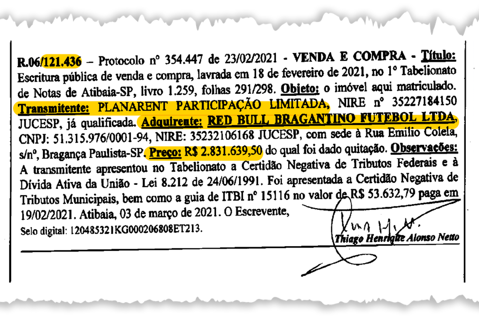 Família Chedid vende terreno de matrícula 121.436, em Atibaia, para a Red Bull — Foto: Reprodução