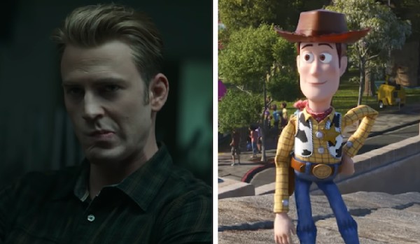 O Capitão América triste no trailer de Vingadores: Ultimato e Woody feliz na prévia de Toy Story 4 (Foto: Reprodução)