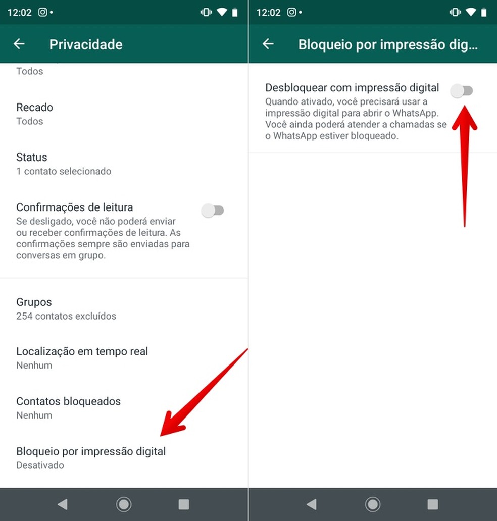 Ativando desbloqueio por impressão digital do WhatsApp no Android  — Foto: Reprodução/Helito Beggiora