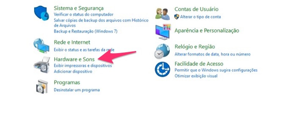 Ação para acessar as configurações para hardware e sons do Windows 10 — Foto: Reprodução/Marvin Costa