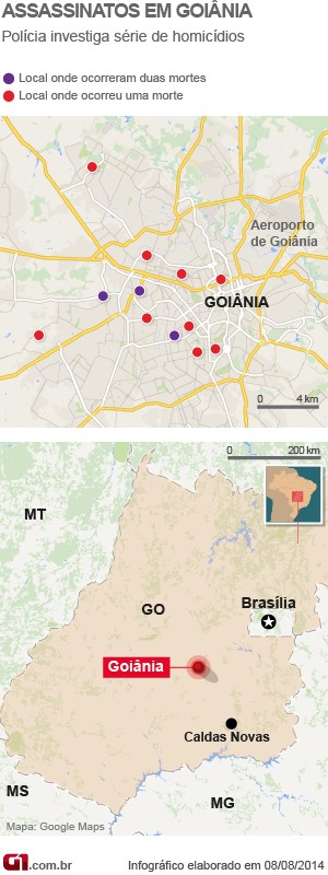 Mapa dos assassinatos em Goiás (Foto: Arte/ G1)