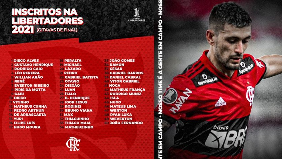 A lista do Flamengo para as oitavas de final da Libertadores — Foto: Reprodução