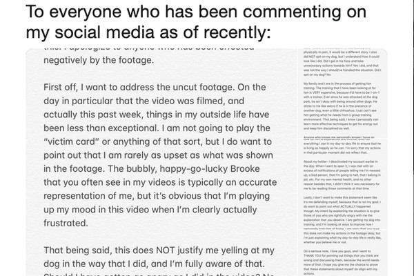 O post no Twitter feito pela youtuber norte-americana Brooke Houts pedindo desculpas públicas pelo vídeo em que aparece agredindo o cachorro dela (Foto: Twitter)