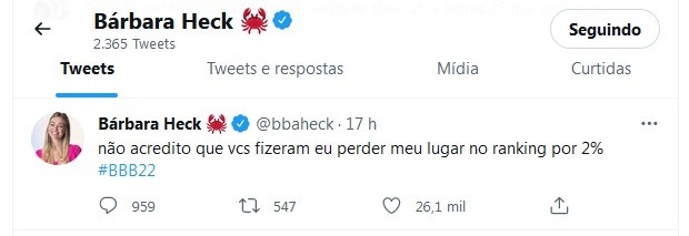 Tweet de Bárbara Heck, do BBB22 (Foto: Reprodução/Twitter)