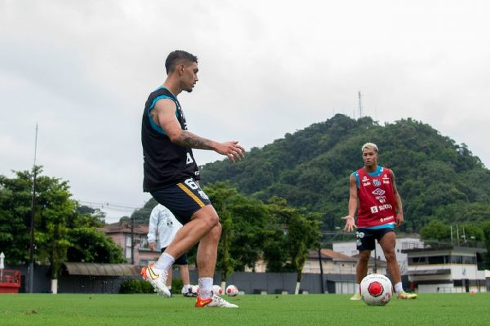 Jogadores do Santos treinam em campo na reapresentação — Foto: Divulgação / Santos FC