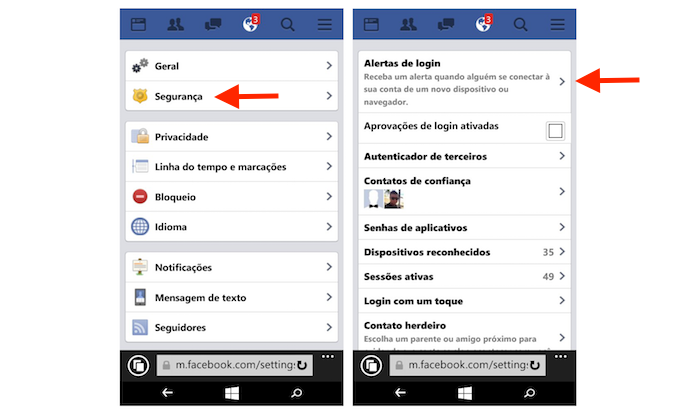 Acessando as opções de alertas de login do Facebook pelo Windows Phone (Foto: Reprodução/Marvin Costa)