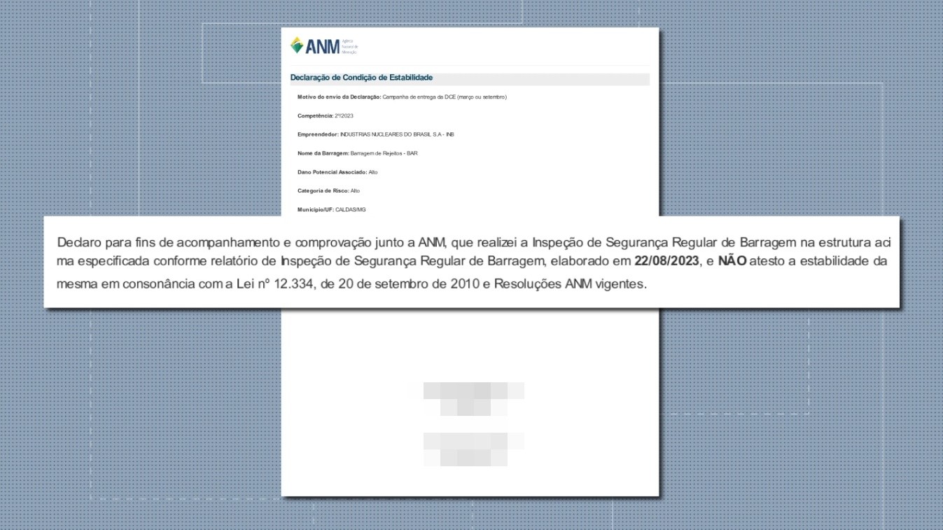 Documento atesta que barragem de rejeitos da INB segue sem declaração de estabilidade