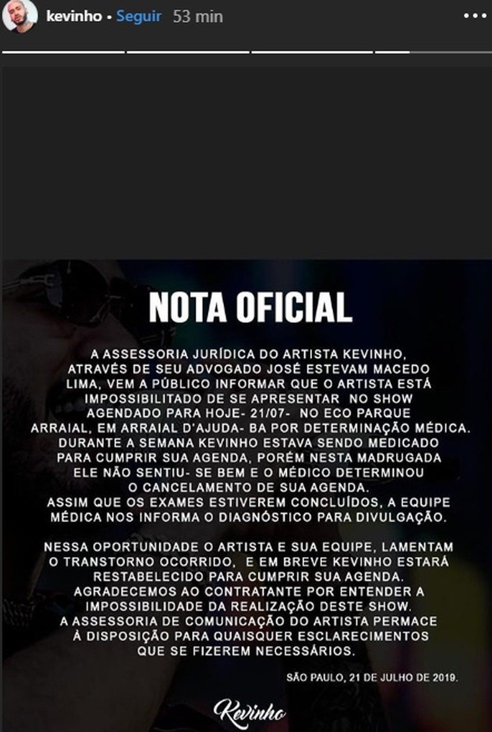 Comunicado de MC Kevinho sobre cancelamento de show na Bahia — Foto: Reprodução/ Instagram
