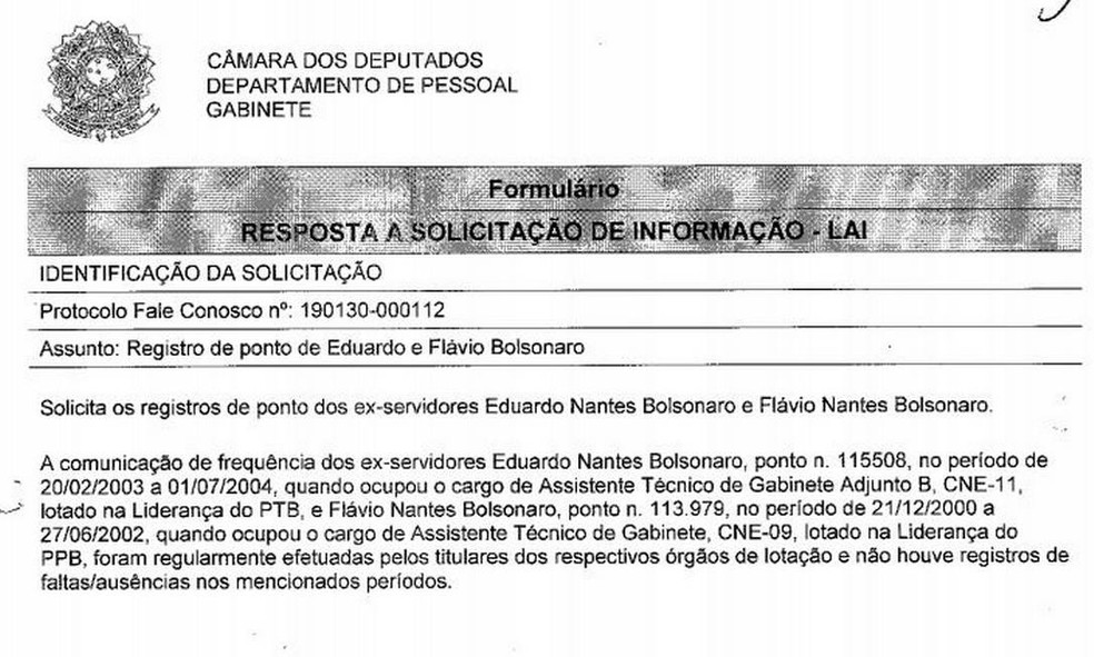 A Câmara dos Deputados garante que no período em que Eduardo Bolsonaro ocupou o cargo de Assistente Técnico, não houve registros de faltas/ausências — Foto: Reprodução