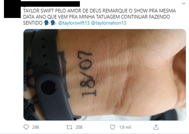 Fã mostra tatuagem com data de show de Taylor Swift que foi cancelado (Foto: Reprodução/Twitter)
