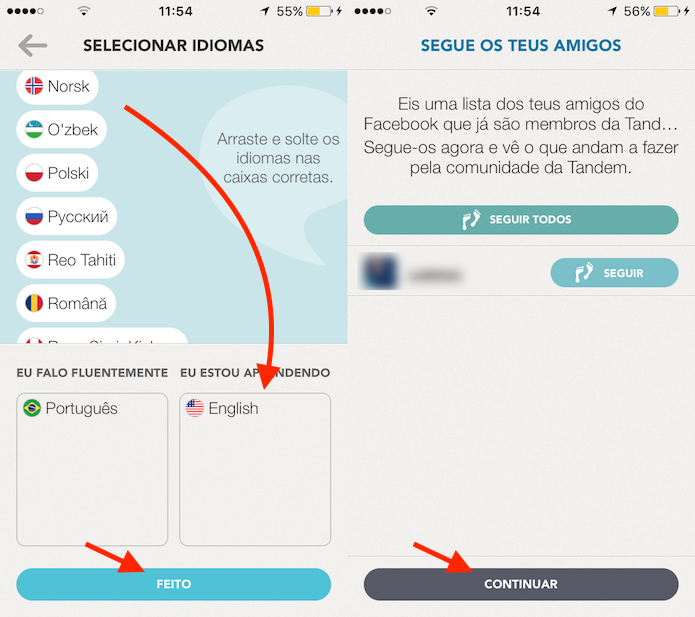 Opção para definir idiomas e seguir amigos no Tendem para iPhone (Foto: Reprodução/Marvin Costa)