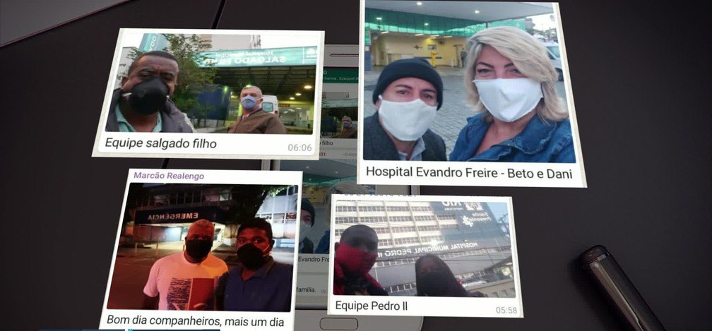 Funcionários mandam selfies para dizer que chegaram aos hospitais — Foto: Reprodução/TV Globo
