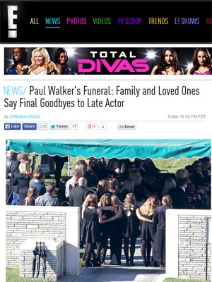 Site da rede 'E!' mostra imagem do funeral de Paul Walker (Foto: Reprodução / Site Eonline.com)