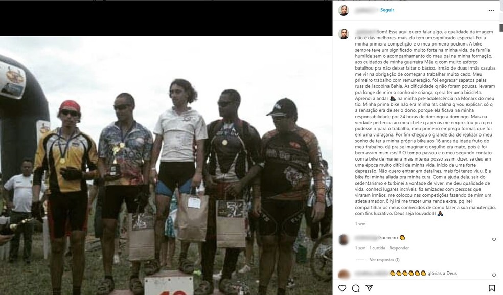 Publicação d do ciclista do DF Joelson Fernandes em rede social — Foto: Instagram/Reprodução