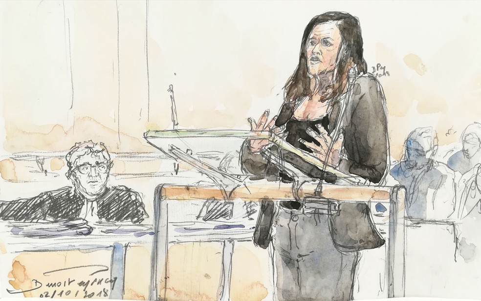 Desenho feito no tribunal de Alexandra D, acusada de fraude por mentir sobre ser vítima de atentado em Paris, feito na terça-feira (2) — Foto: Benoit Peyrucq/AFP
