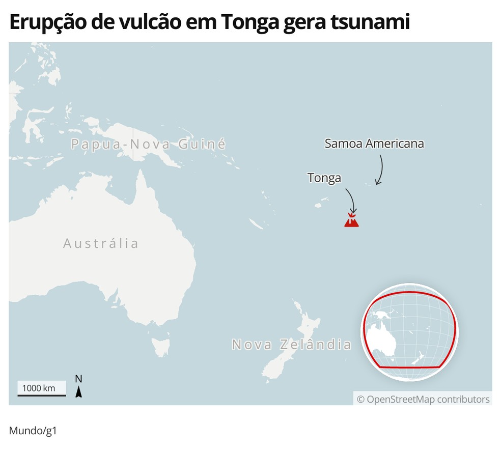 Mapa identifica área de erupção de vulcão em Tonga — Foto: Mundo/g1