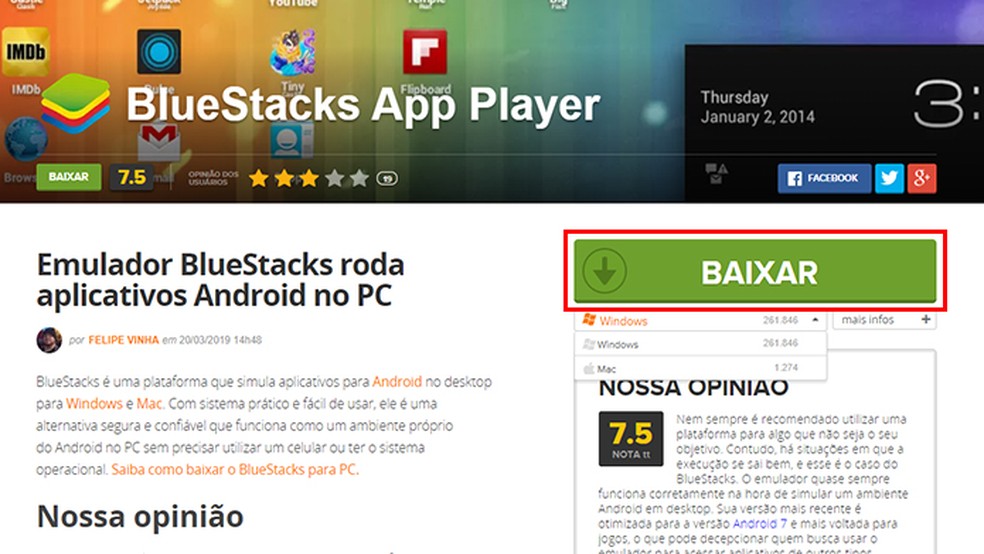 Faça o download grátis do BlueStacks na página do TechTudo — Foto: Reprodução/Tais Carvalho