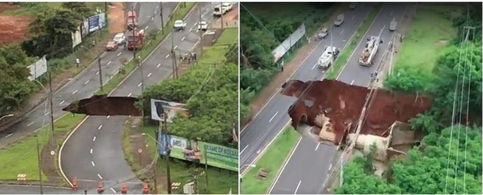 Cratera aberta na Avenida 36, em Araraquara, na quinta de manhã (29) e na sexta de manhã (30) — Foto: Redes sociais/EPTV