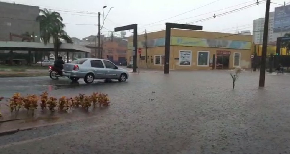 Parte da avenida Bady Bassitt ficou alagada em Rio Preto  — Foto: Eduardo Duru/TV TEM 
