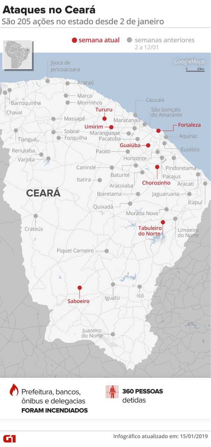 Ceará registra série de ataques criminosos — Foto: Infográfico: karina Almeida/G1