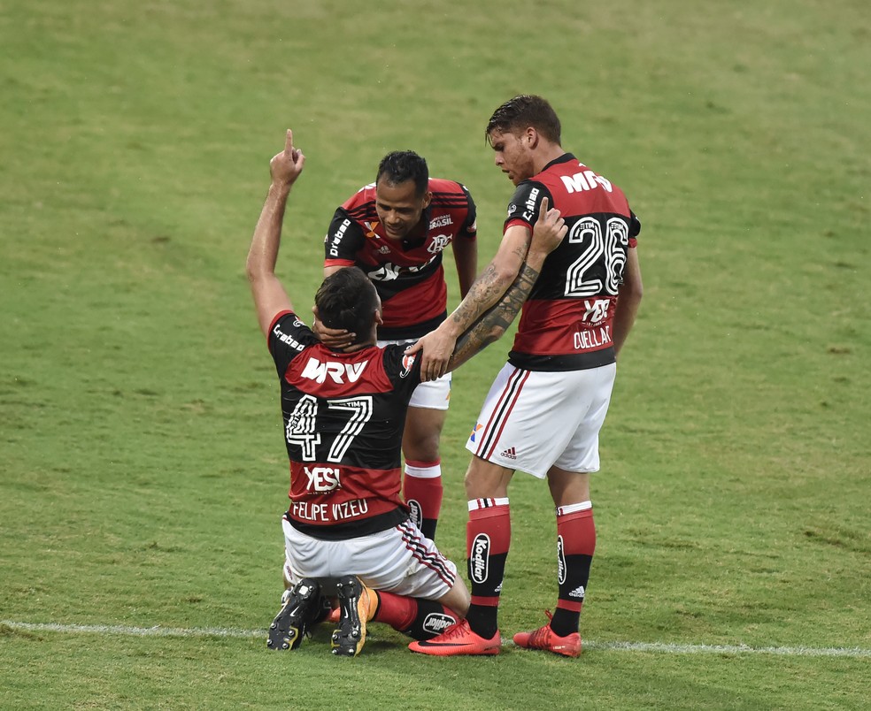 Geuvânio comemora o gol de Vizeu  (Foto: André Durão)