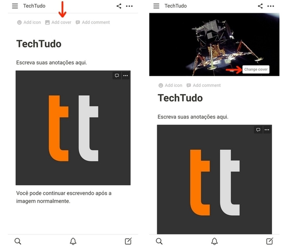 Inclusão de capa em página do Notion App — Foto: Reprodução/Raquel Freire