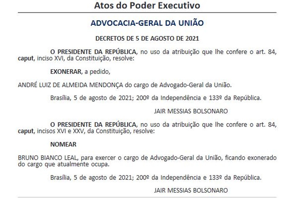 Bolsonaro nomeia Bruno Bianco para o lugar de André Mendonça na AGU — Foto: Reprodução / Diário Oficial da União
