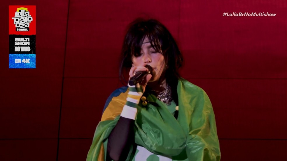 Billie Eilish no Lollapalooza 2023 com a bandeira enrolada no corpo — Foto: Reprodução