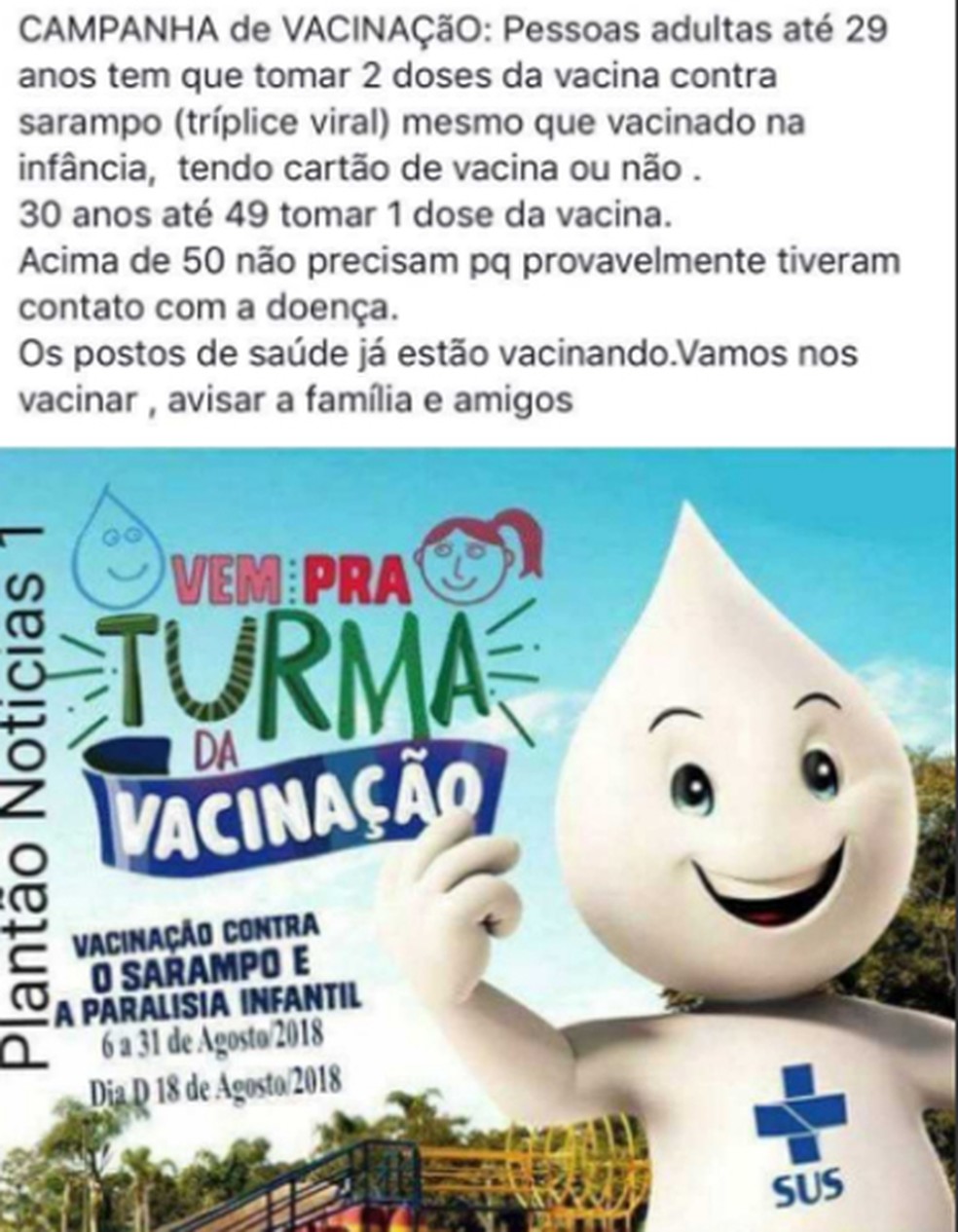 Ministério da Saúde aponta post falso que diz que campanha de vacinação é para adultos  (Foto: Reprodução/ Redes sociais )