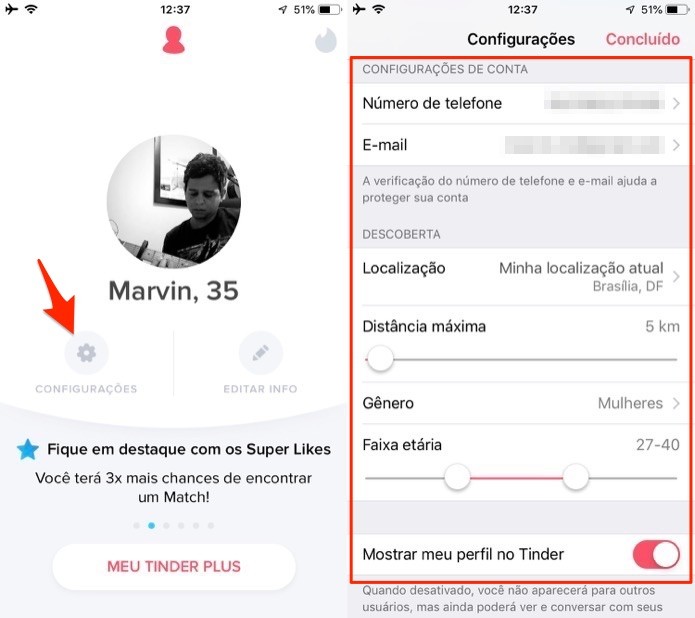 Opções para determinar configurações de uso do Tinder (Foto: Reprodução/Marvin Costa) Opções para determinar configurações de uso do Tinder (Foto: Reprodução/Marvin Costa)
