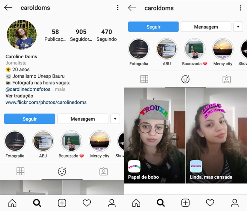 Filtros criados são exibidos no perfil do usuário — Foto: Reprodução/Caroline Doms