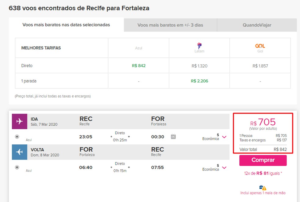 Viajanáticos exibe preços mais baratos em destaque — Foto: Reprodução/Rodrigo Fernandes