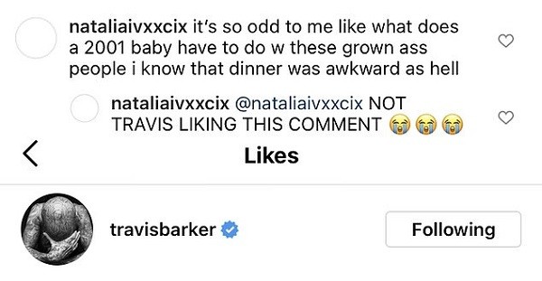A curtida de Travis Barker no comentário fazendo piada com a jovialidade da namorada de Scott Disick (Foto: Instagram)