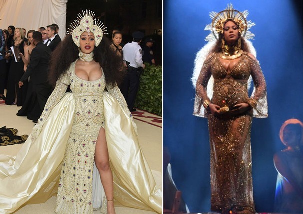 Cardi B, no Met Gala 2018, e Beyoncé, no Grammy 2017 (Foto: Getty Images)
