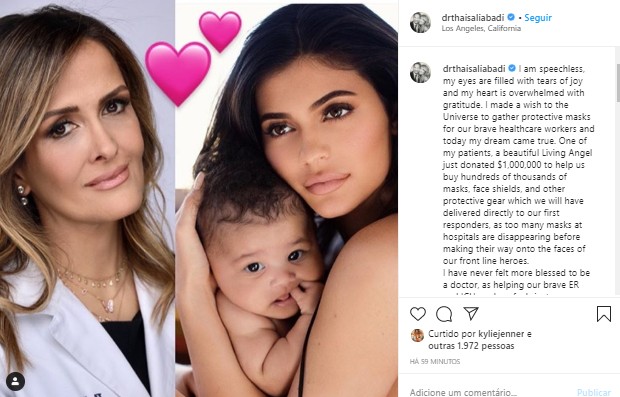 Publicação sobre doação de Kylie Jenner (Foto: Reprodução/Instagram)