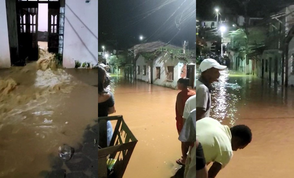 Água de barragem transborda e invade ruas de Wenceslau Guimarães, na Bahia  — Foto: Reprodução/Redes Sociais