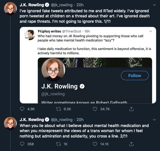 Um dos tuítes de J.K. Rowling reafirmando seus posicionamentos que renderam acusações de transfobia e homofobia (Foto: Twitter)